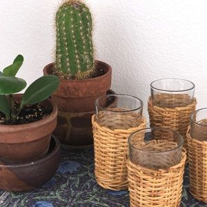 4 Vintage Pottery Barn wicker and glass tumblers